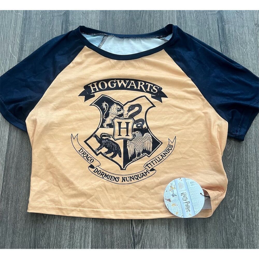Harry Potter Hogwarts Crest Raglan T-Shirt Unisex 3/4 Sleeve‎ L